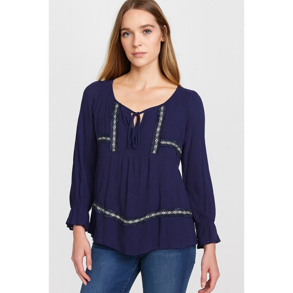Teint Women’s Long Sleeve Navy Boho Embroidered Top size Medium